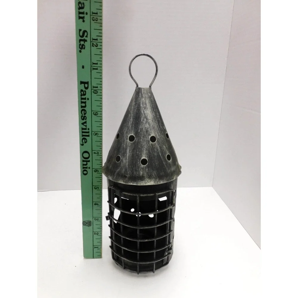 Vintage Rustic Metal Cage Lantern Set with Amber Glass Oil Lamps DW771